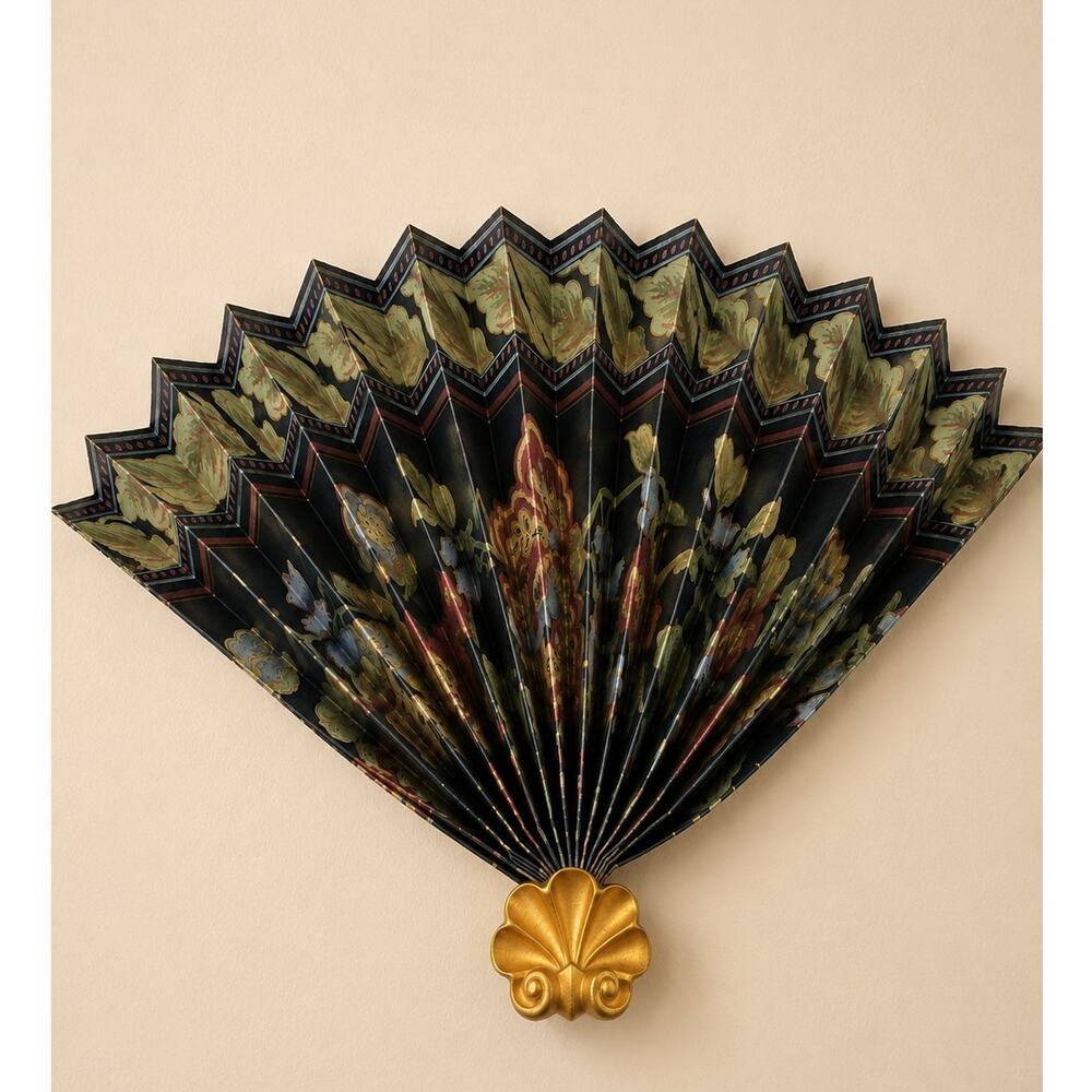 Vintage Victorian Pleated Hand Fan Wall Decor Gold Shell Floral Art Deco